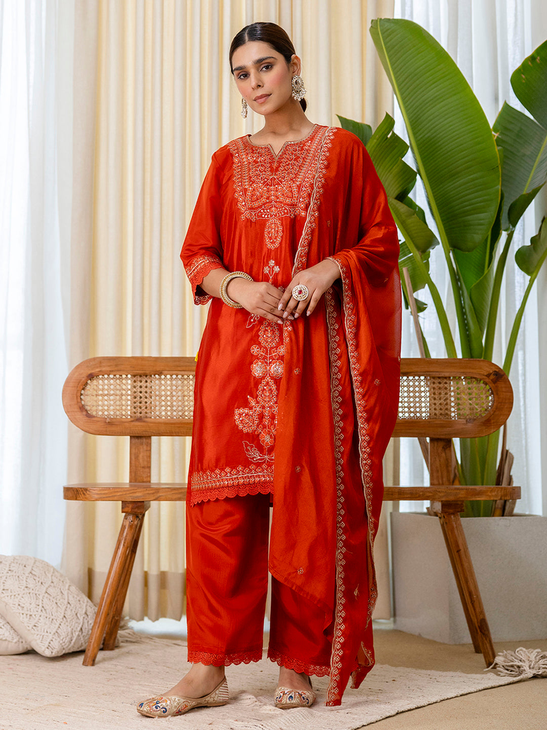 Rust Silk Blend Suit Set with Dupatta
