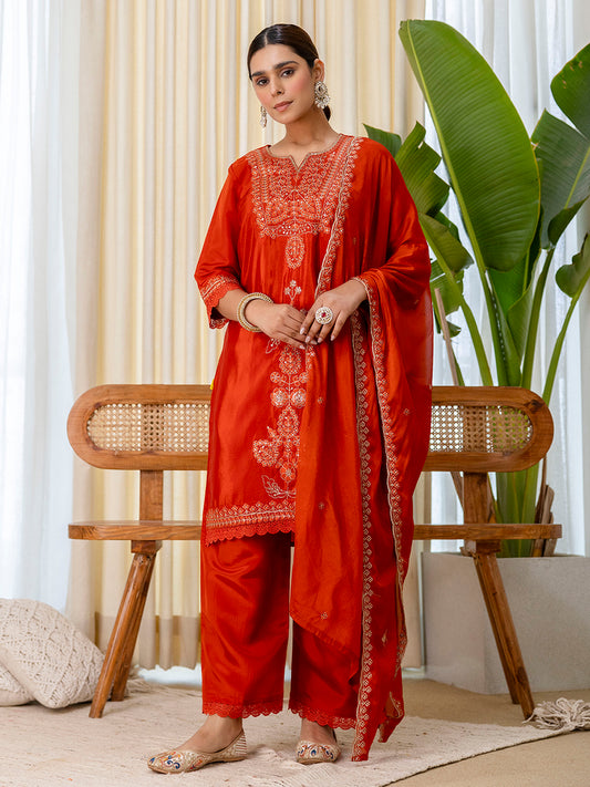 Rust Silk Blend Suit Set with Dupatta
