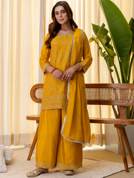 Mustard Silk Blend Suit Set with Dupatta