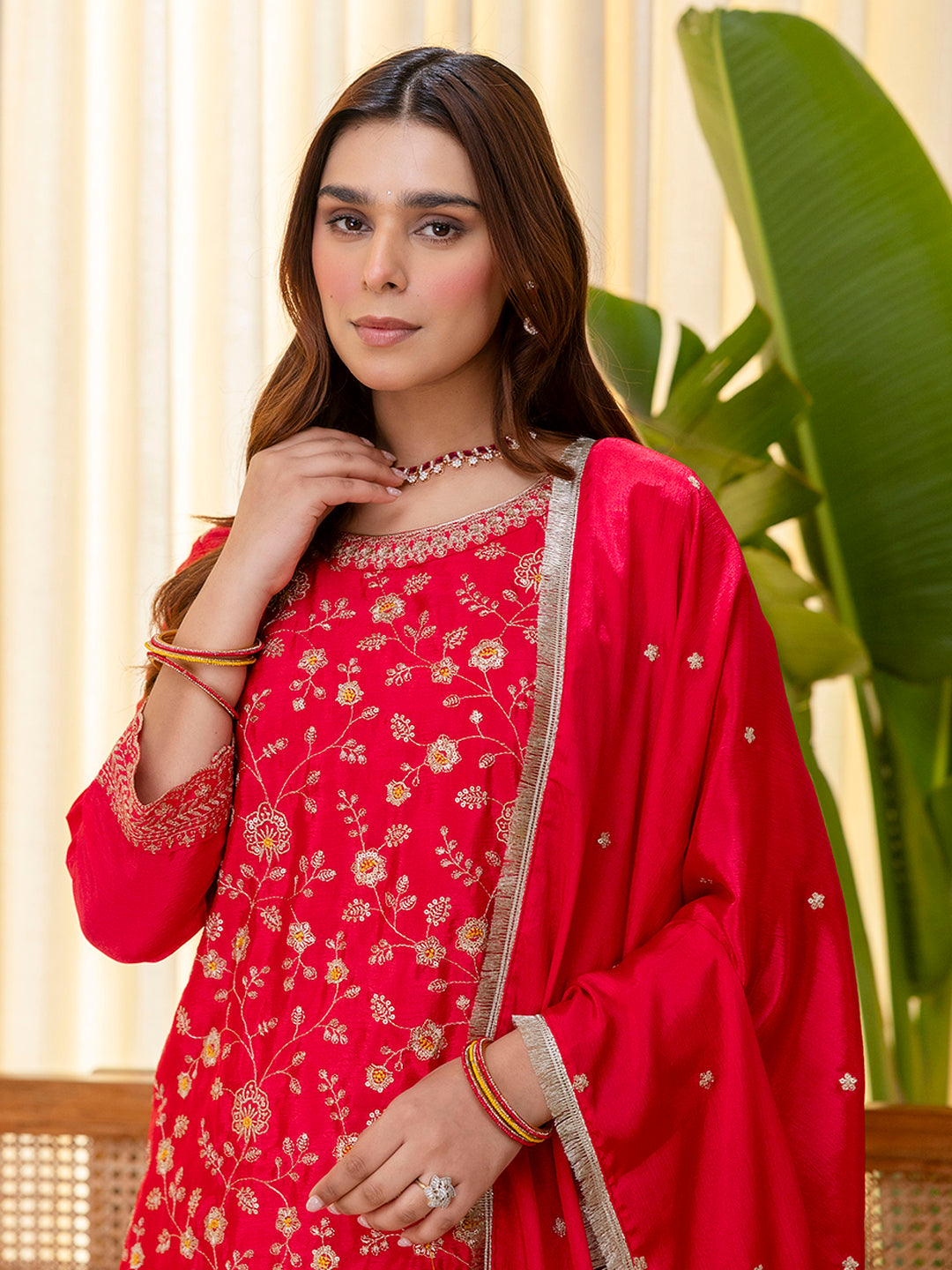 Pink Silk Blend Suit Set with Dupatta