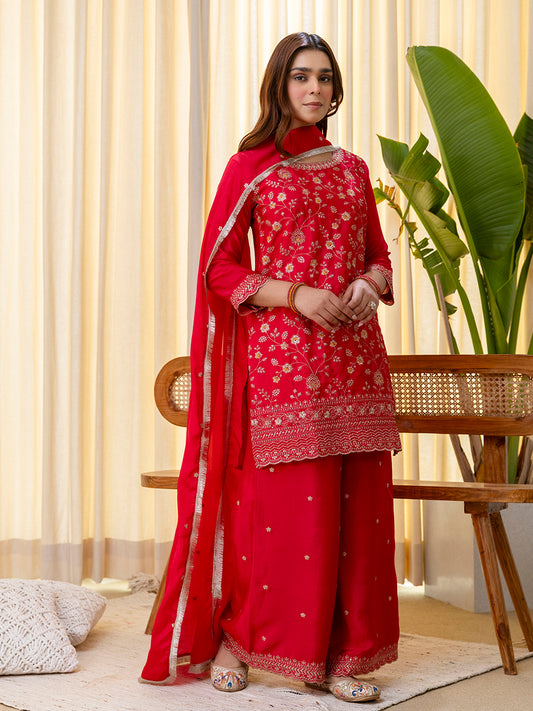 Pink Silk Blend Suit Set with Dupatta