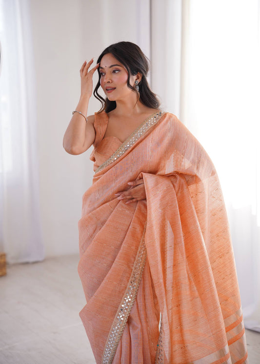 Peach Spun Cotton Woven Designer Saree