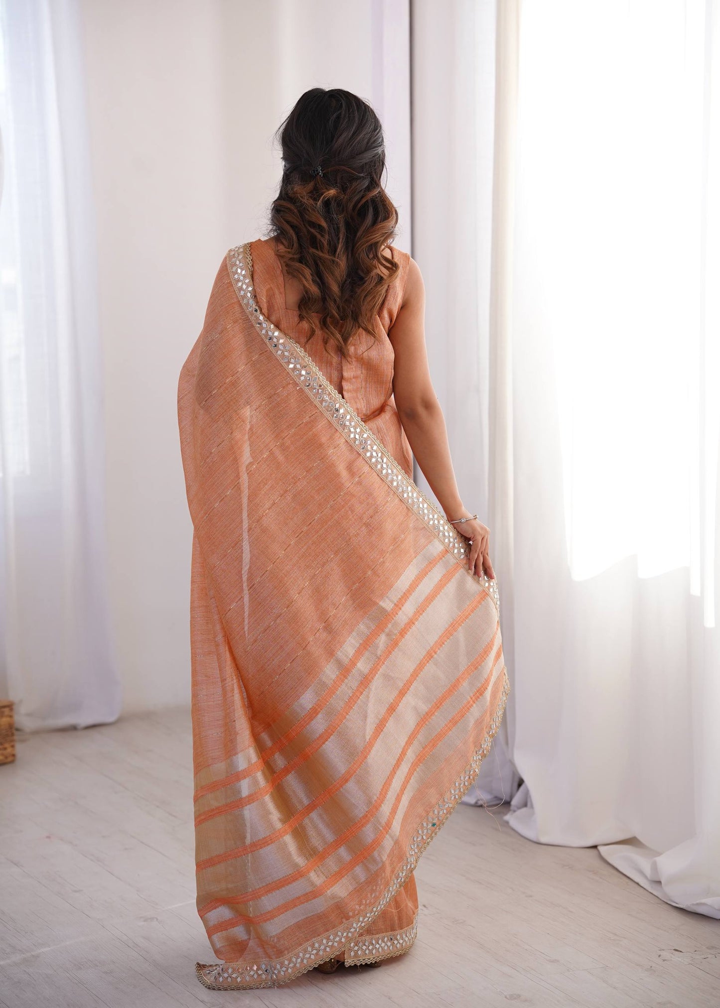 Peach Spun Cotton Woven Designer Saree
