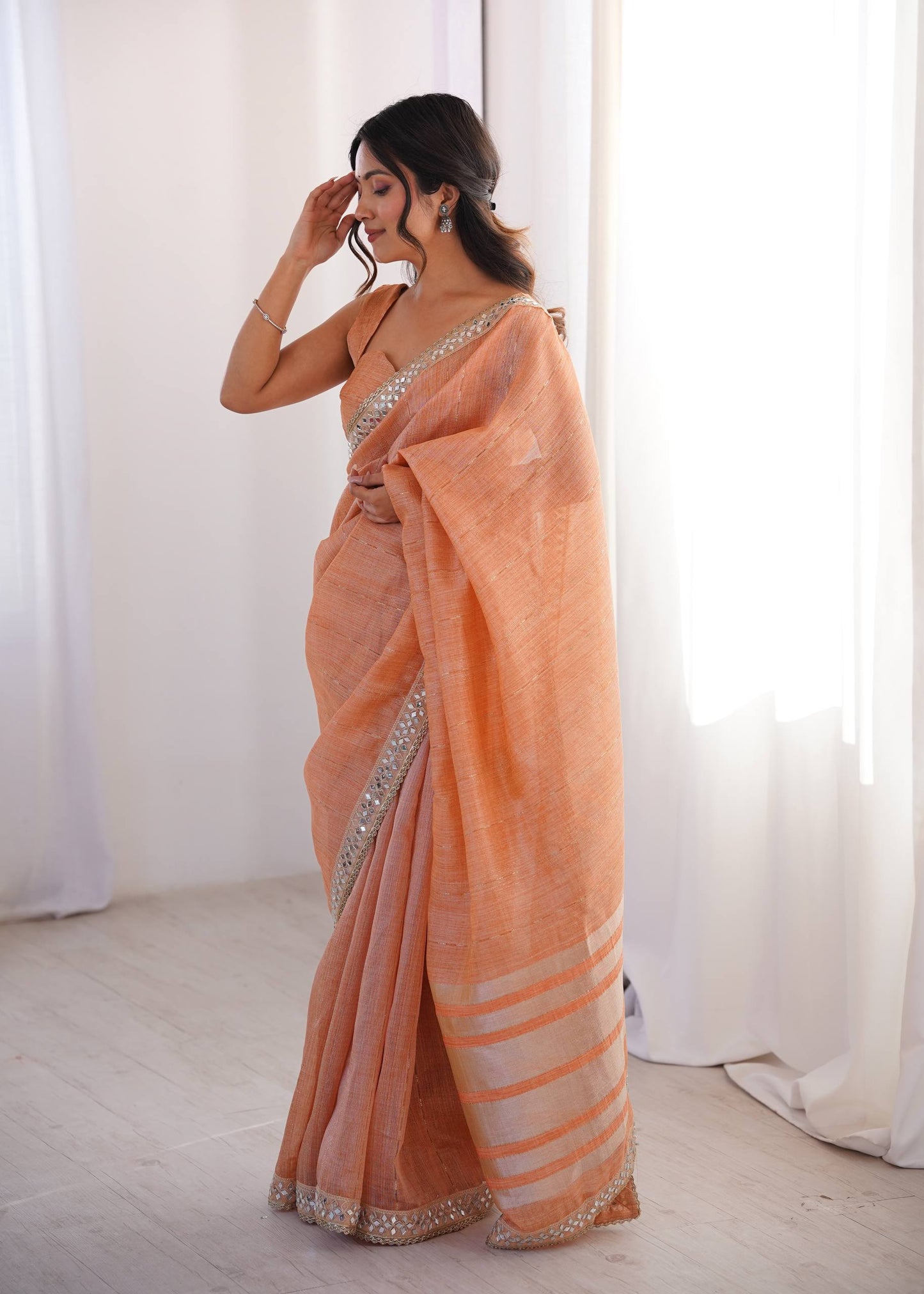 Peach Spun Cotton Woven Designer Saree