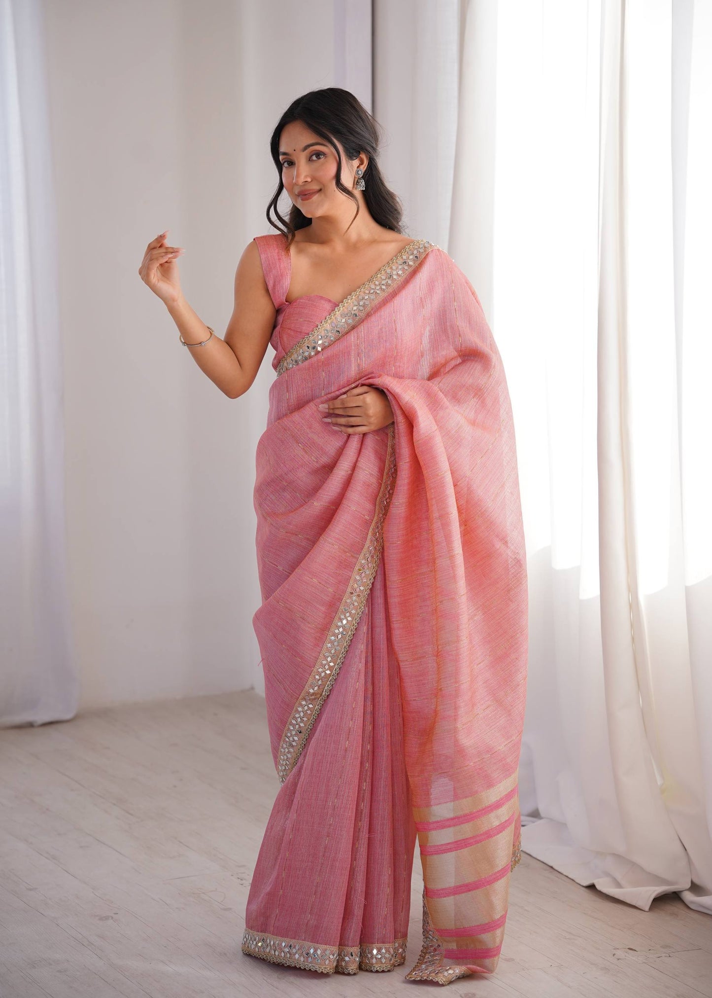 Pink Spun Cotton Woven Designer Saree