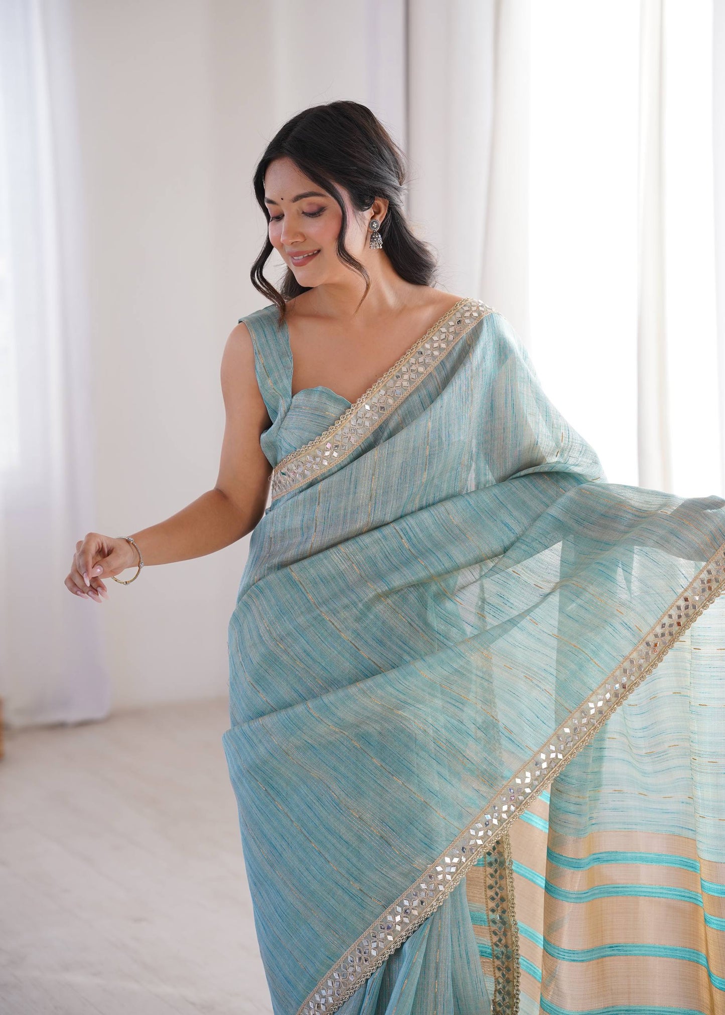 Sky Blue Spun Cotton Woven Designer Saree with Unstitched Bluse