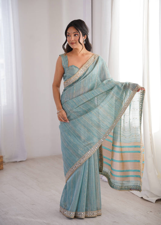 Sky Blue Spun Cotton Woven Designer Saree with Unstitched Bluse