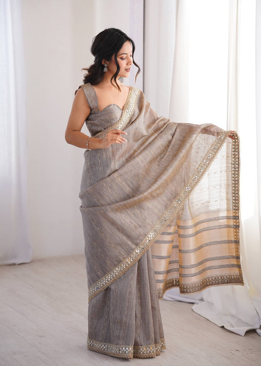 Grey Spun Cotton Woven Designer Saree