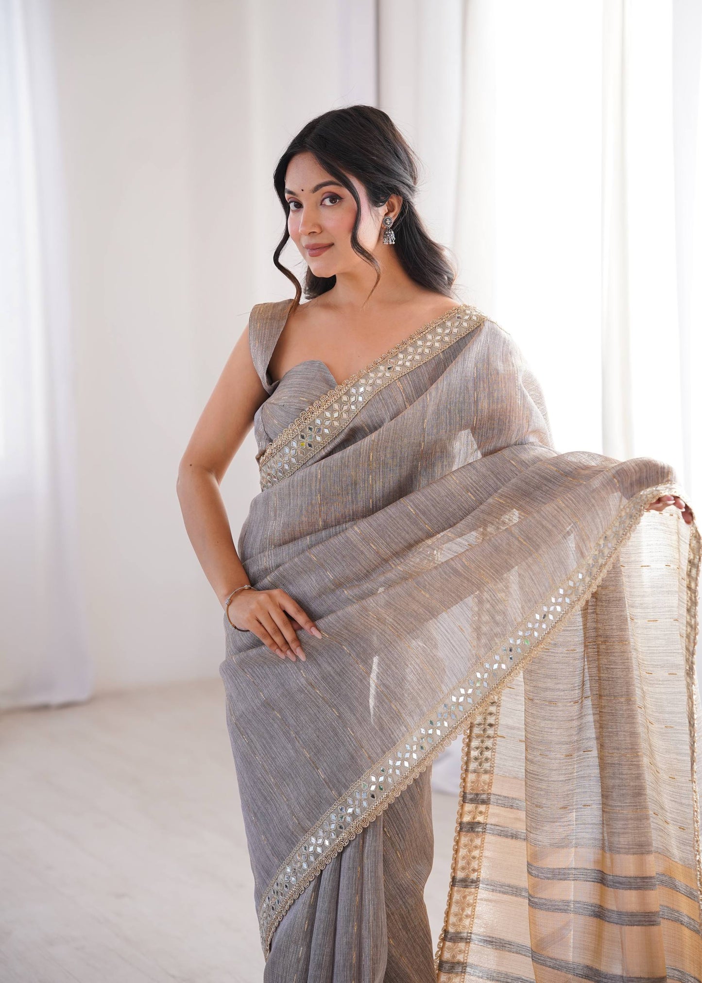 Grey Spun Cotton Woven Designer Saree