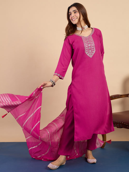 Pink Cotton Blend Suit Set with Dupatta