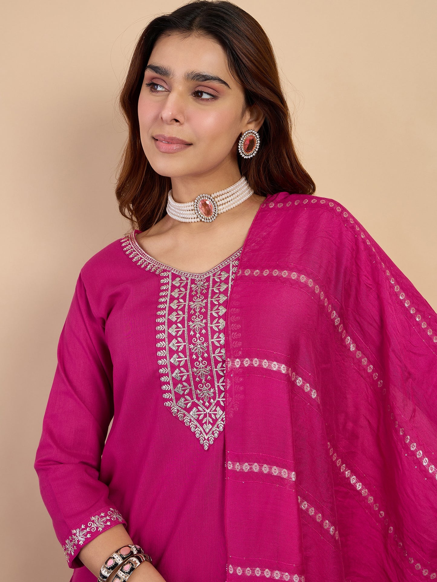 Pink Cotton Blend Suit Set with Dupatta