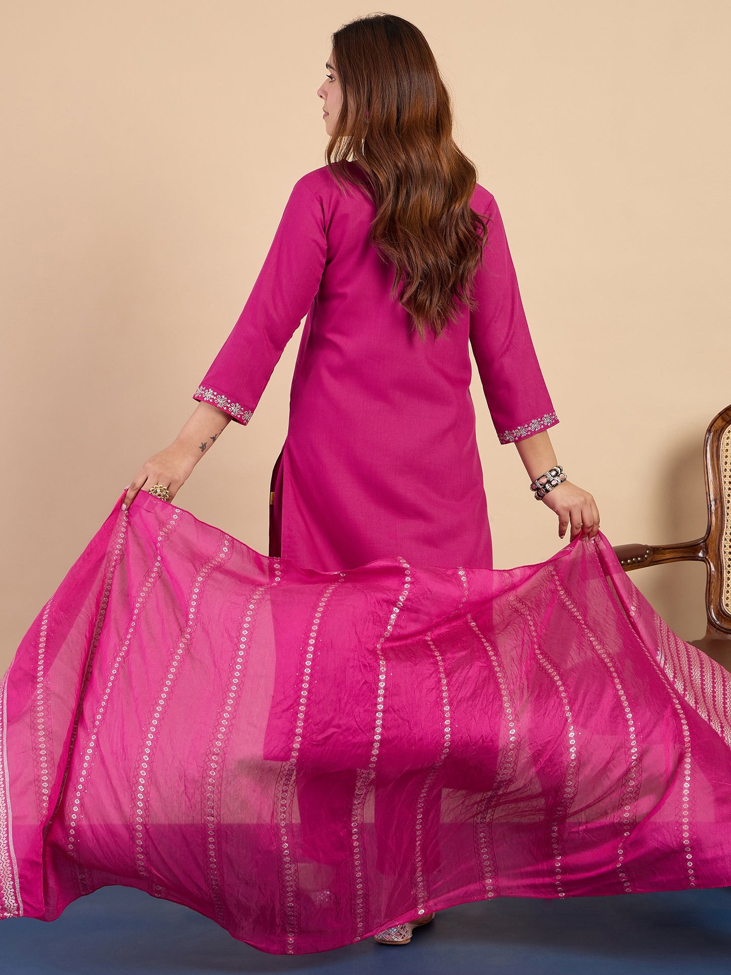 Pink Cotton Blend Suit Set with Dupatta