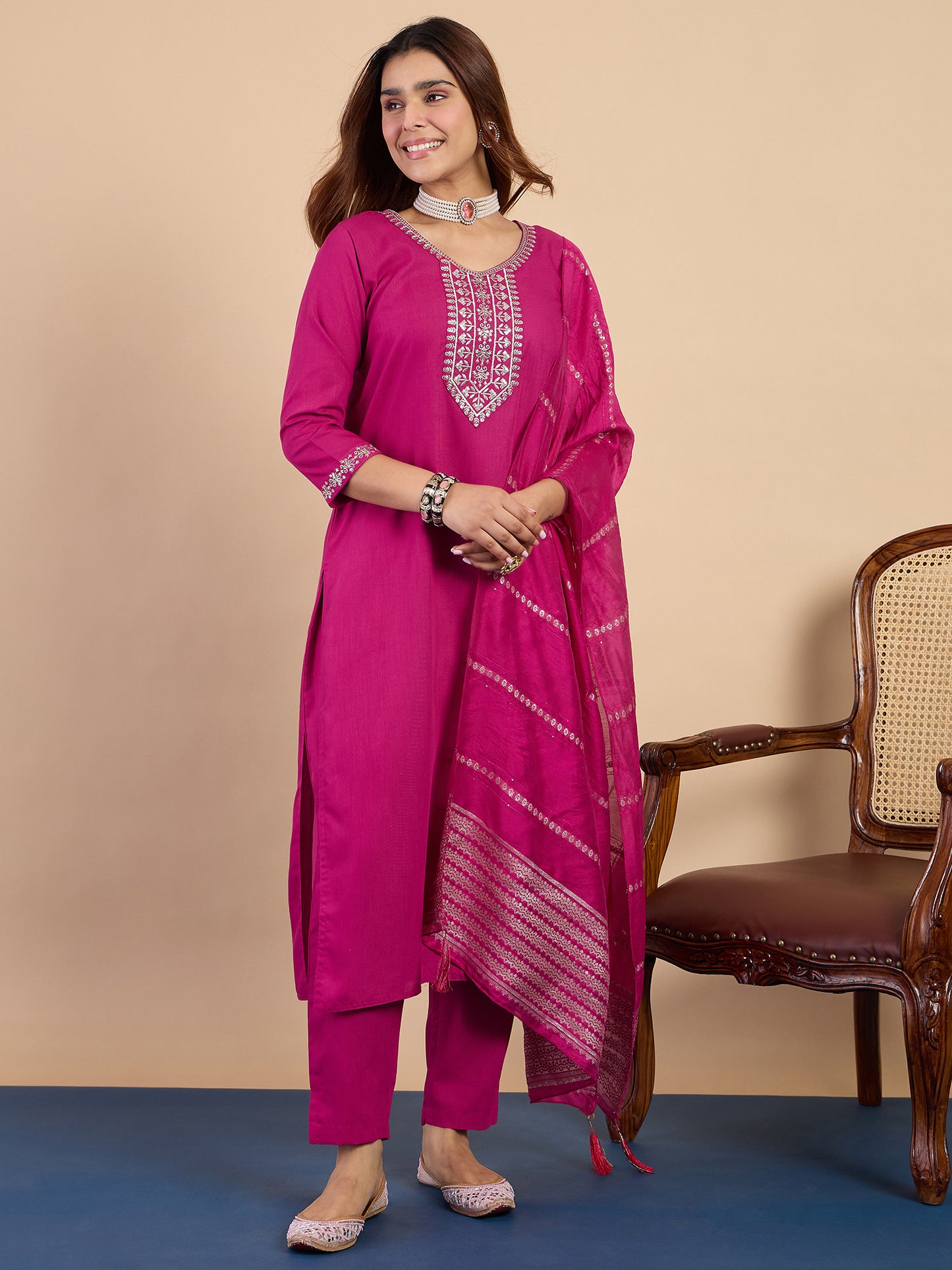 Pink Cotton Blend Suit Set with Dupatta