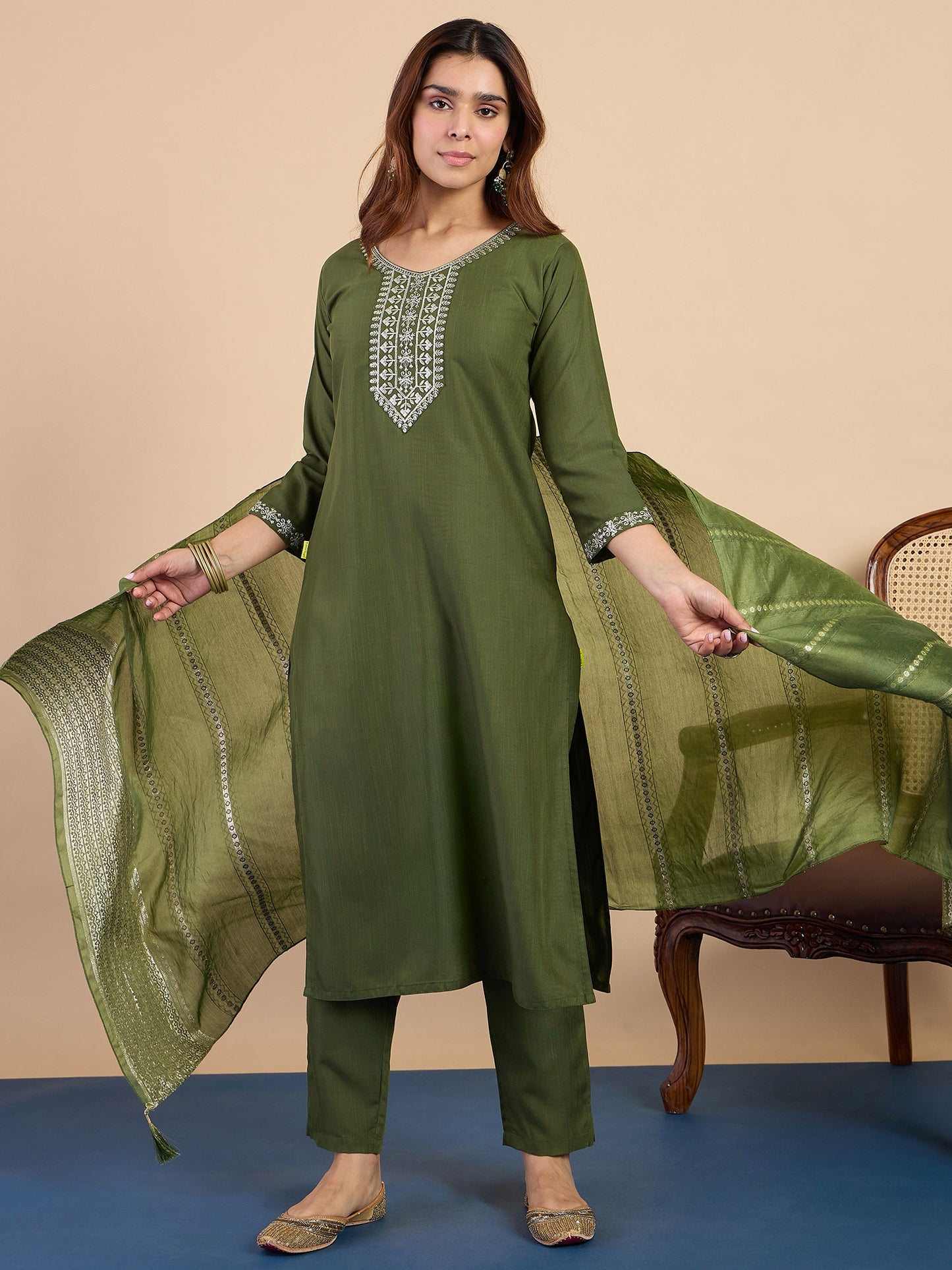 Mehndi Green Cotton Blend Suit Set with Dupatta