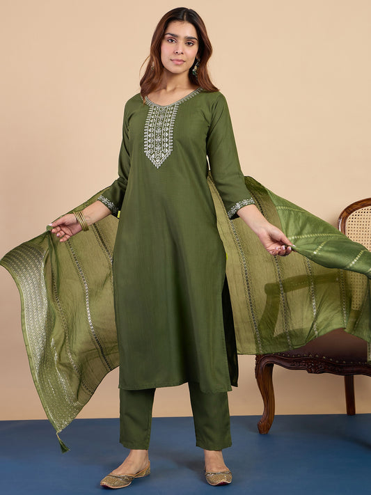 Mehndi Green Cotton Blend Suit Set with Dupatta