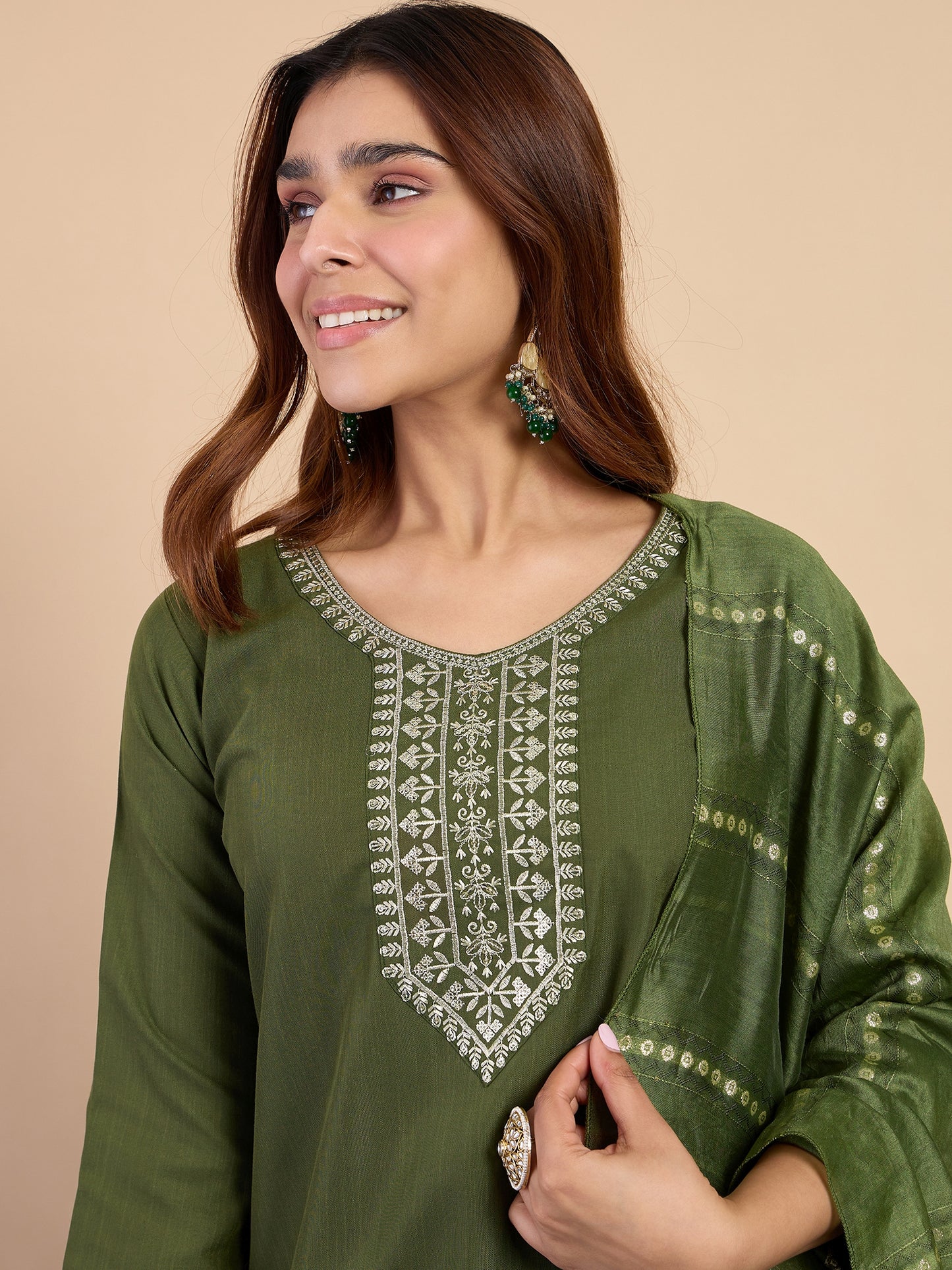 Mehndi Green Cotton Blend Suit Set with Dupatta