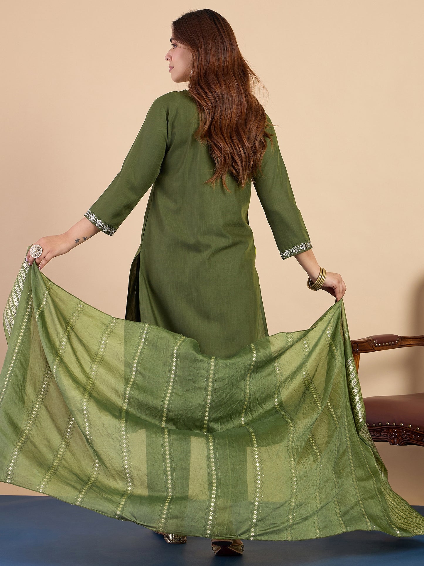 Mehndi Green Cotton Blend Suit Set with Dupatta