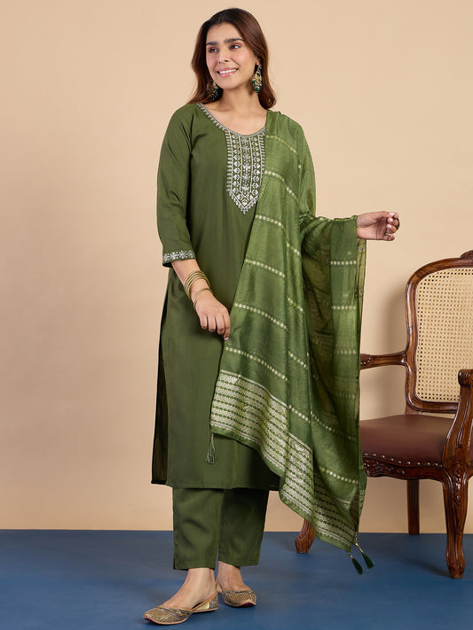 Mehndi Green Cotton Blend Suit Set with Dupatta