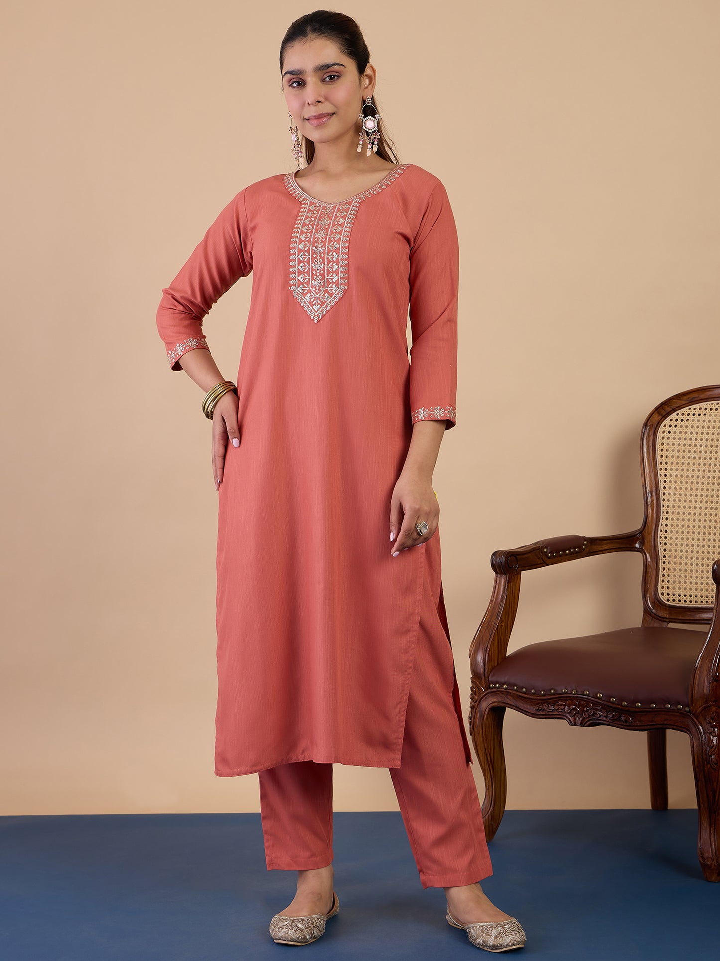 Peach Cotton Blend Suit Set with Dupatta