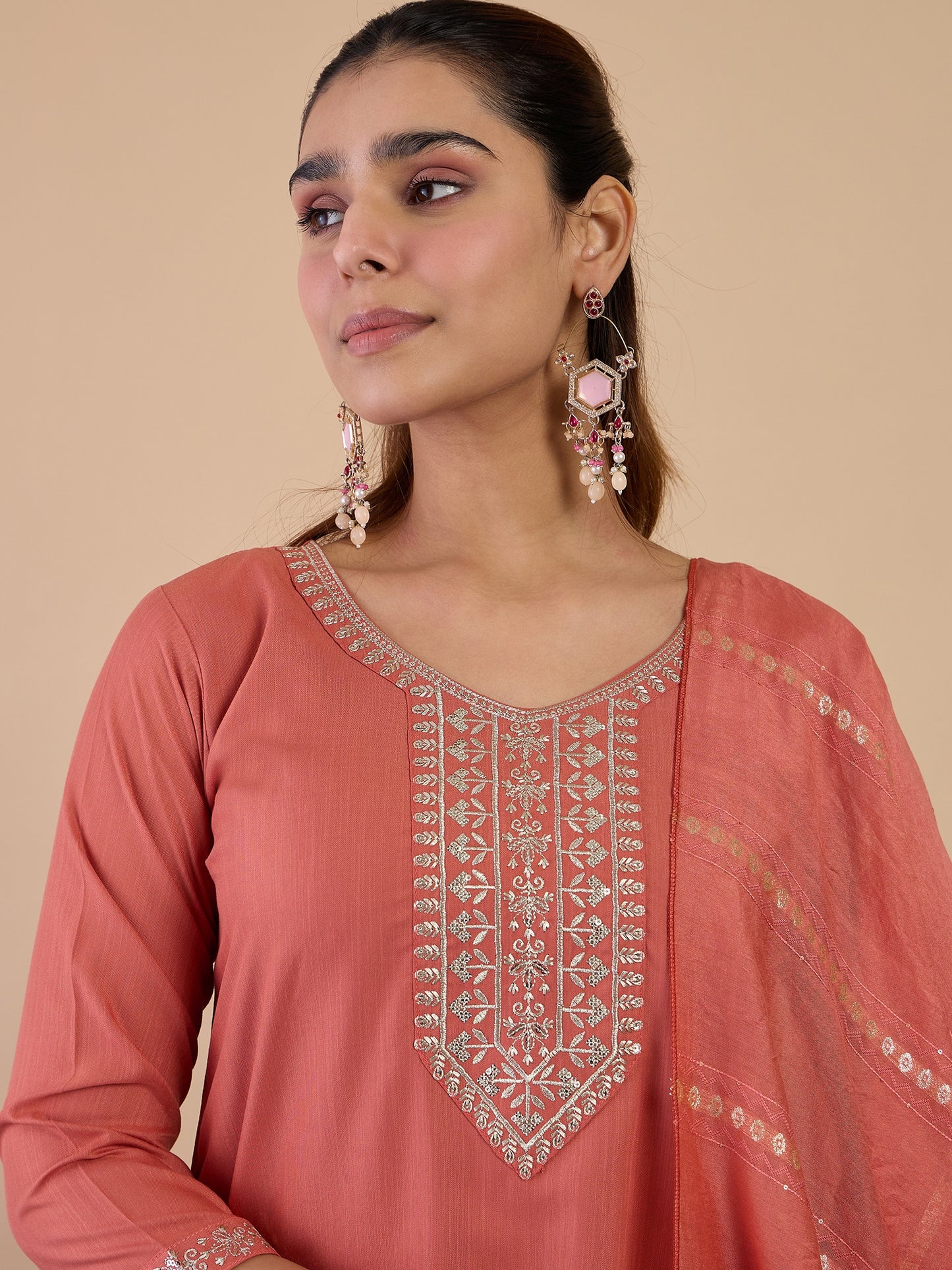 Peach Cotton Blend Suit Set with Dupatta