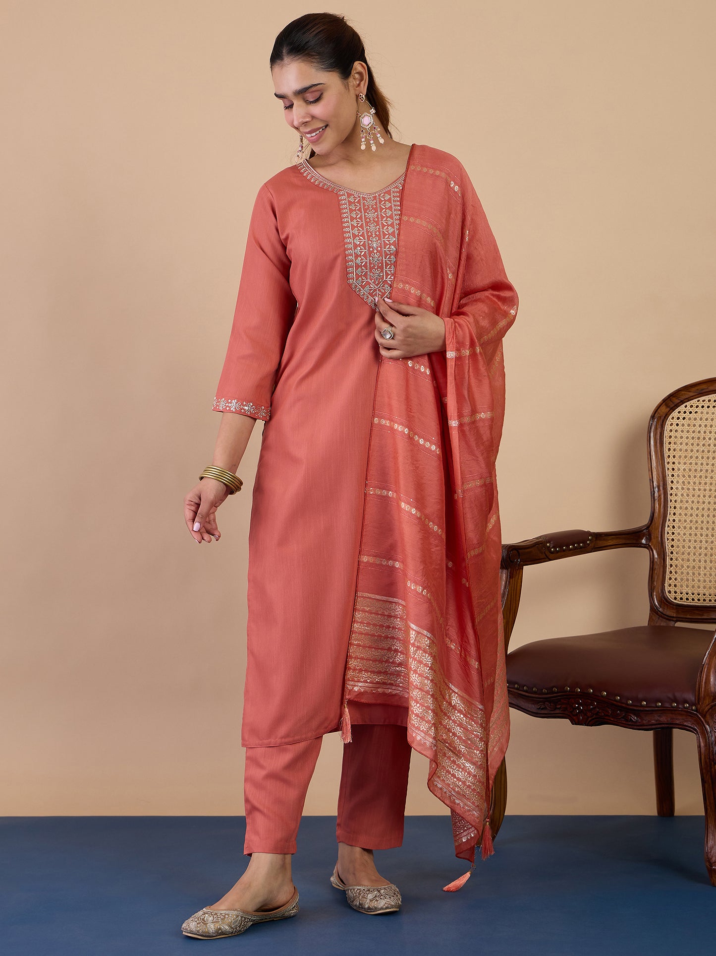 Peach Cotton Blend Suit Set with Dupatta