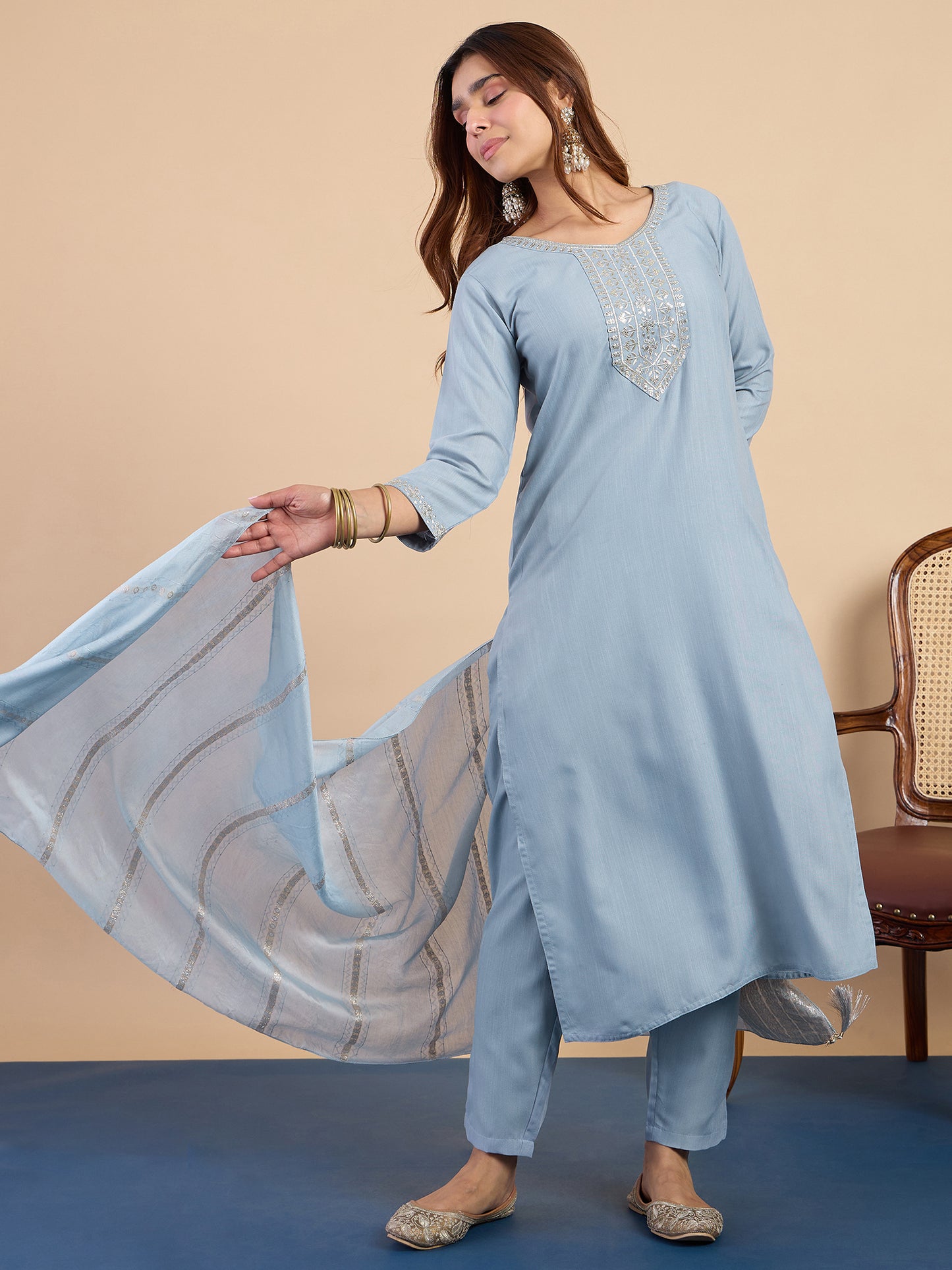 Sky Blue Cotton Blend Suit Set with Dupatta