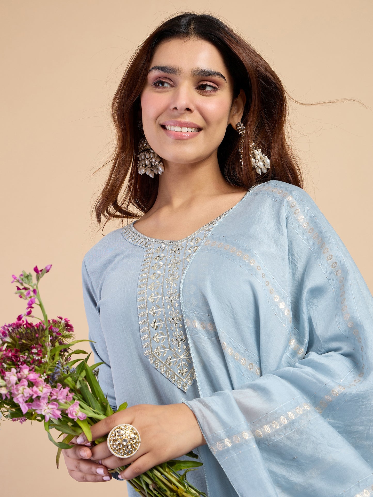 Sky Blue Cotton Blend Suit Set with Dupatta