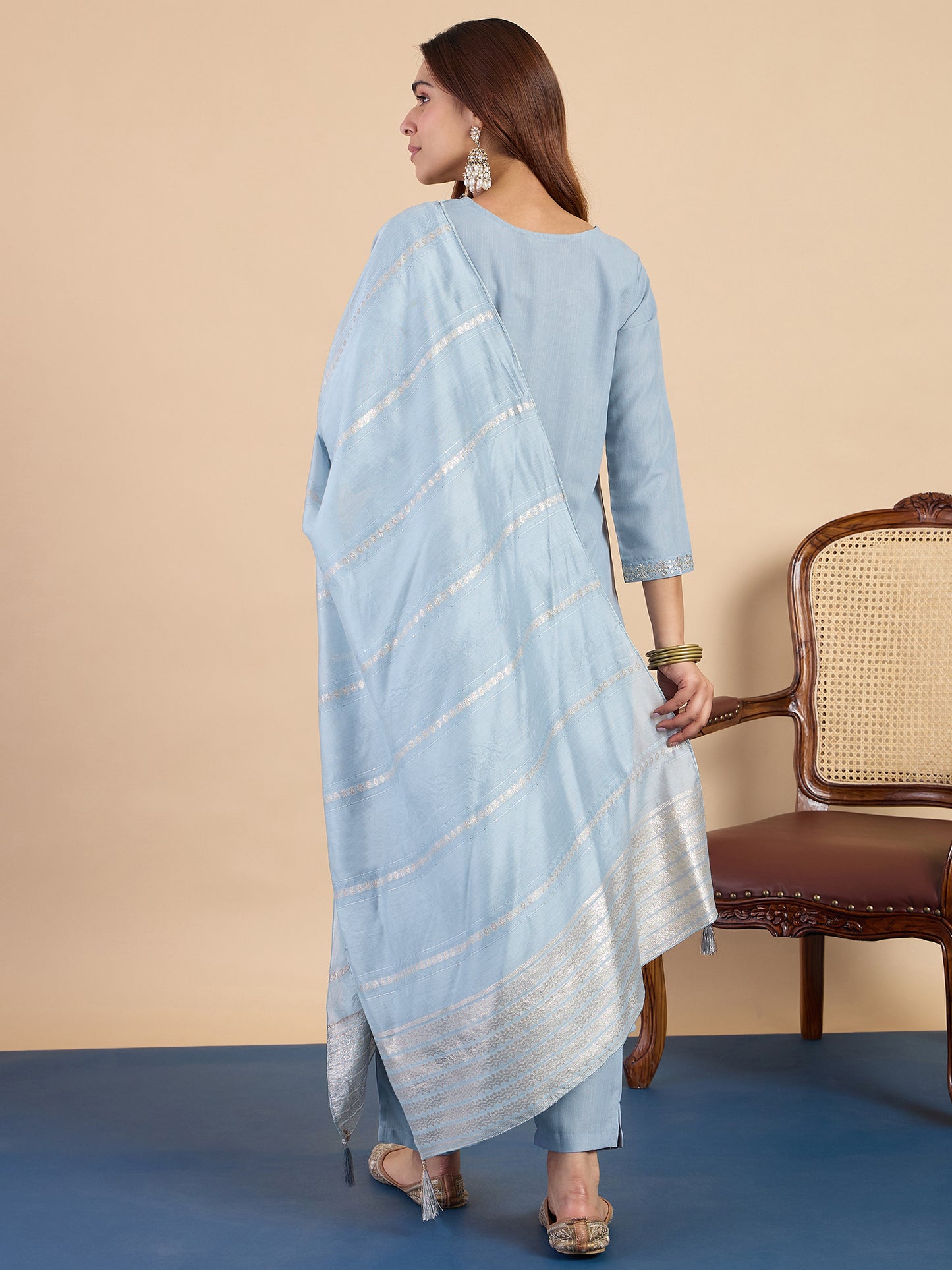 Sky Blue Cotton Blend Suit Set with Dupatta