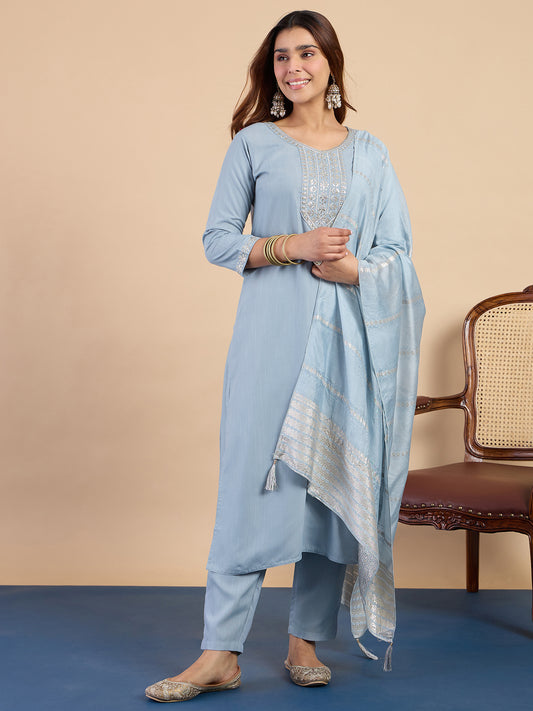 Sky Blue Cotton Blend Suit Set with Dupatta