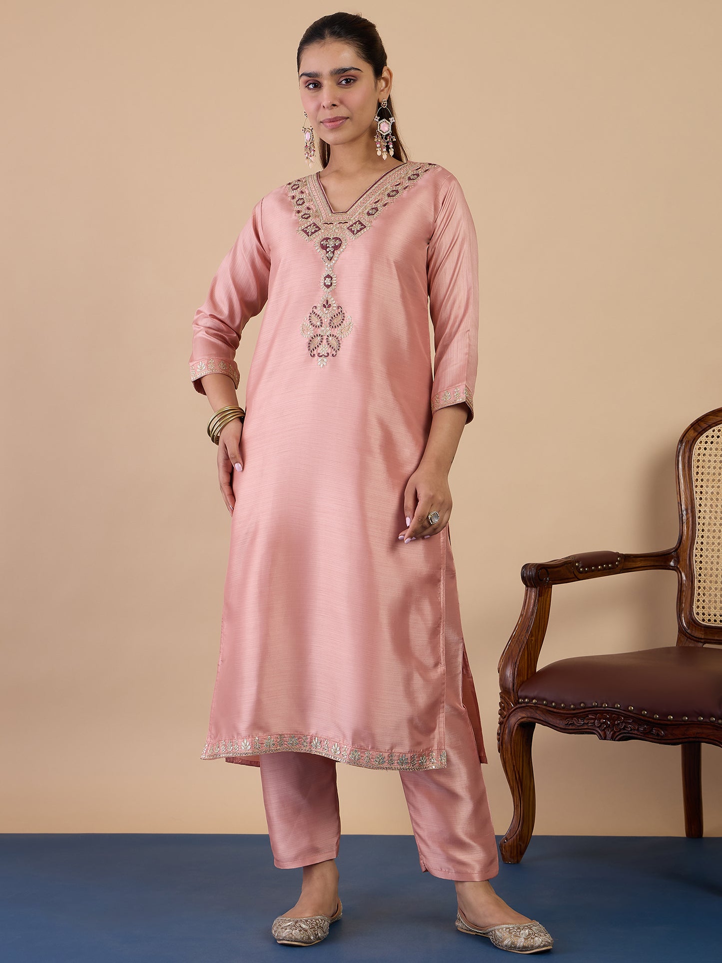 Peach Silk Blend Suit Set with Dupatta