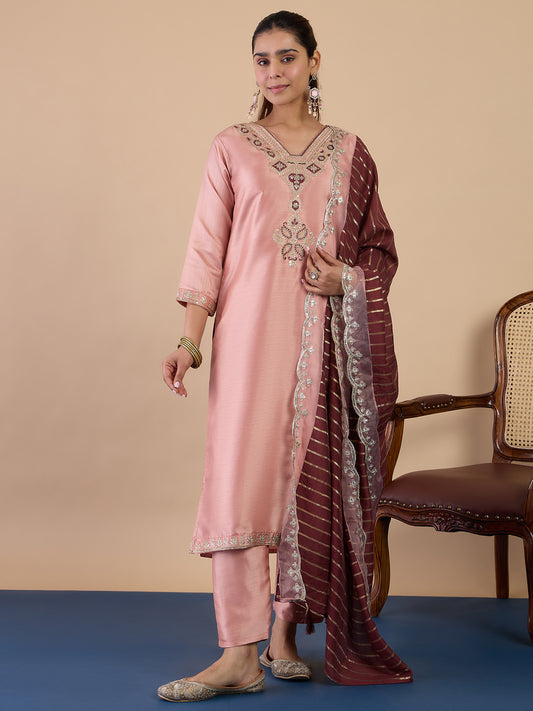 Peach Silk Blend Suit Set with Dupatta