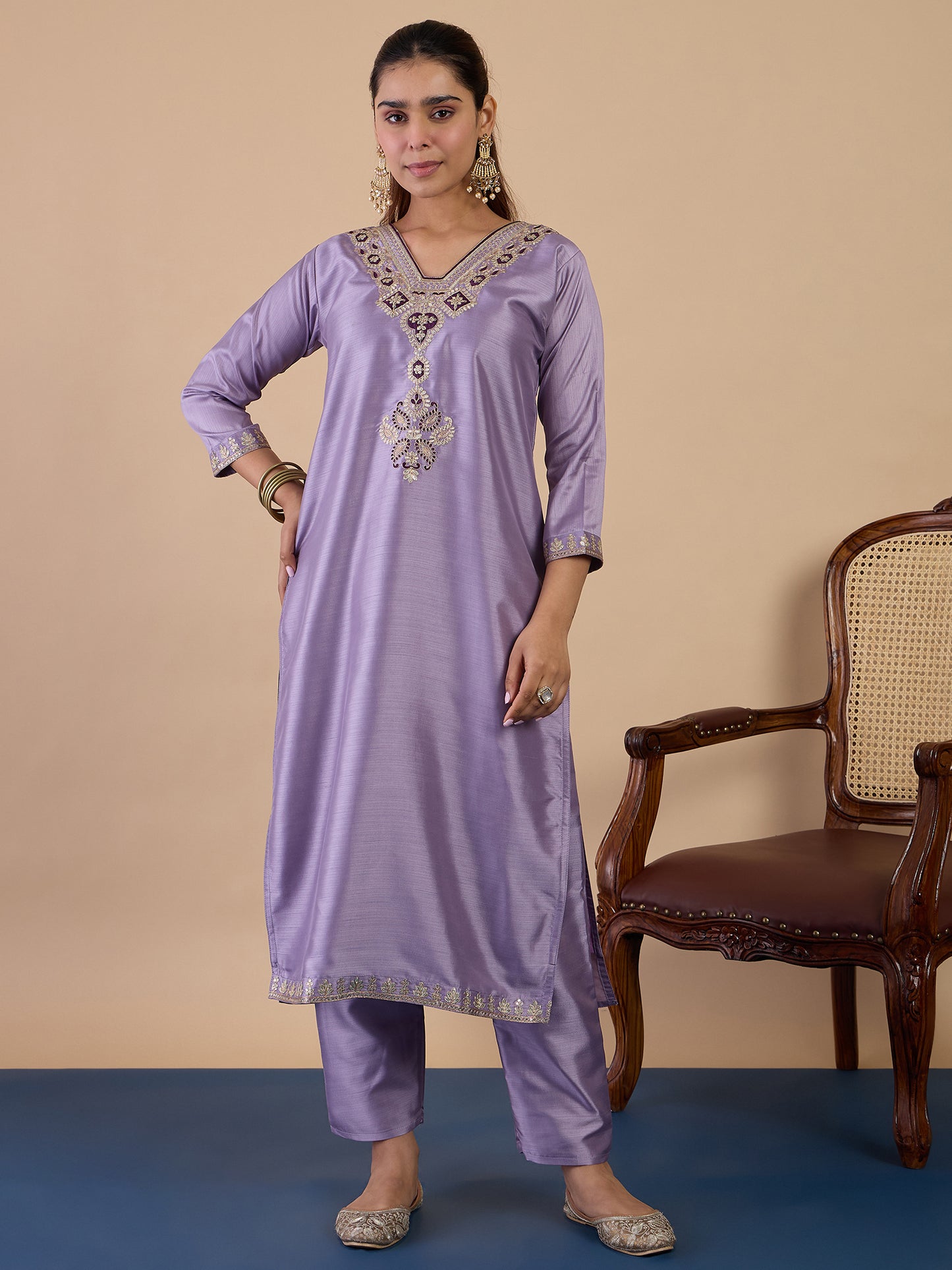 lavender Blue Silk Blend Suit Set with Dupatta