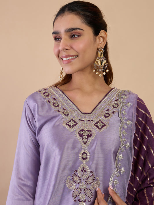 lavender Blue Silk Blend Suit Set with Dupatta