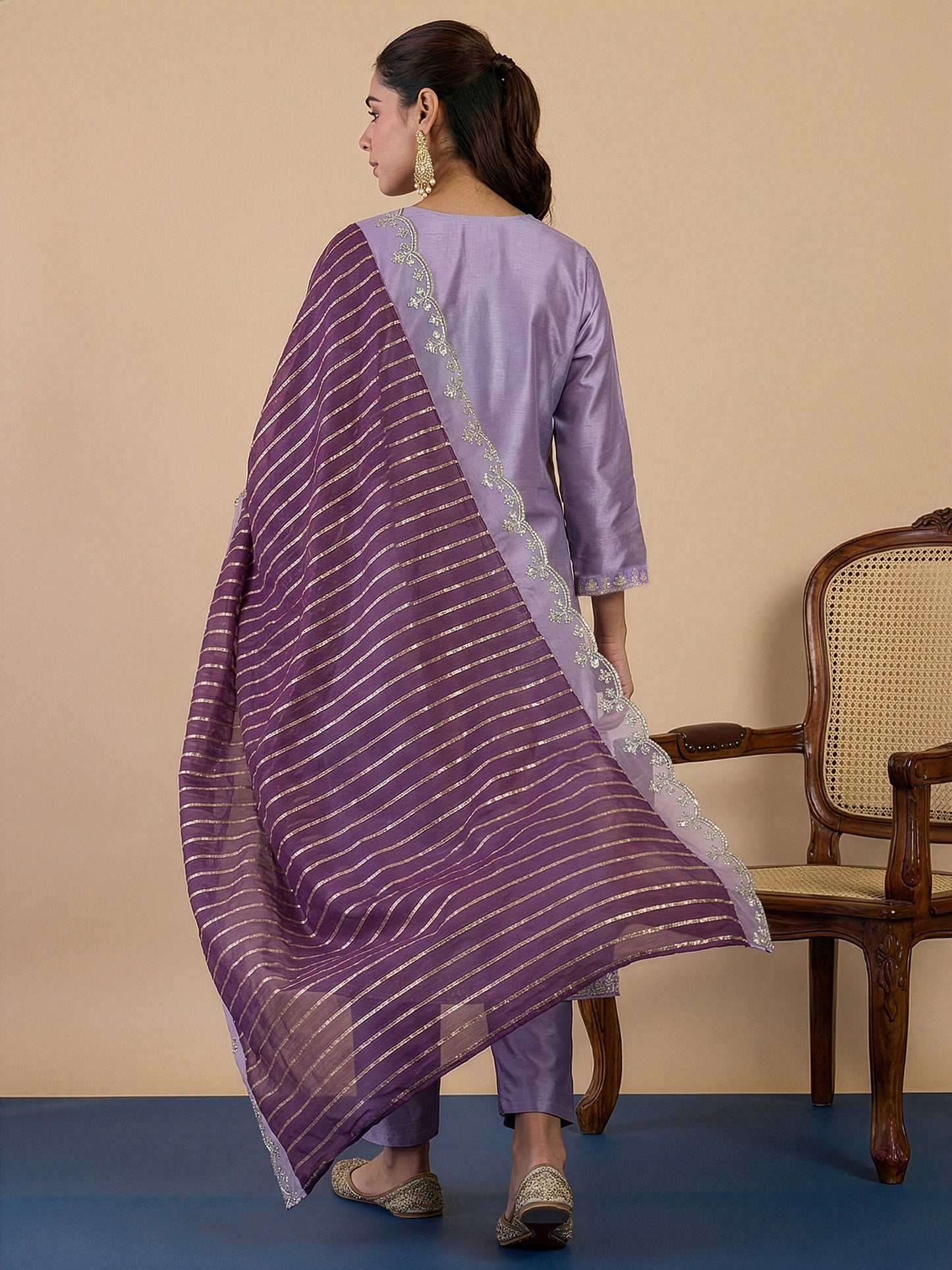 lavender Blue Silk Blend Suit Set with Dupatta