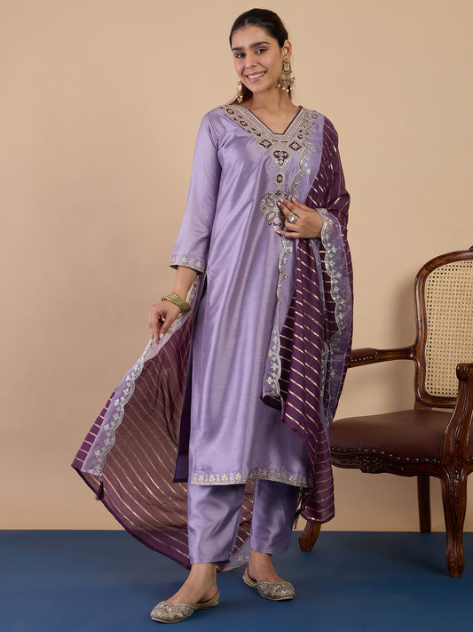 lavender Blue Silk Blend Suit Set with Dupatta