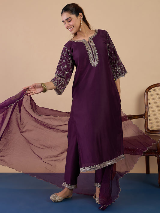 Wine Color Silk Blend Suit Set with Dupatta