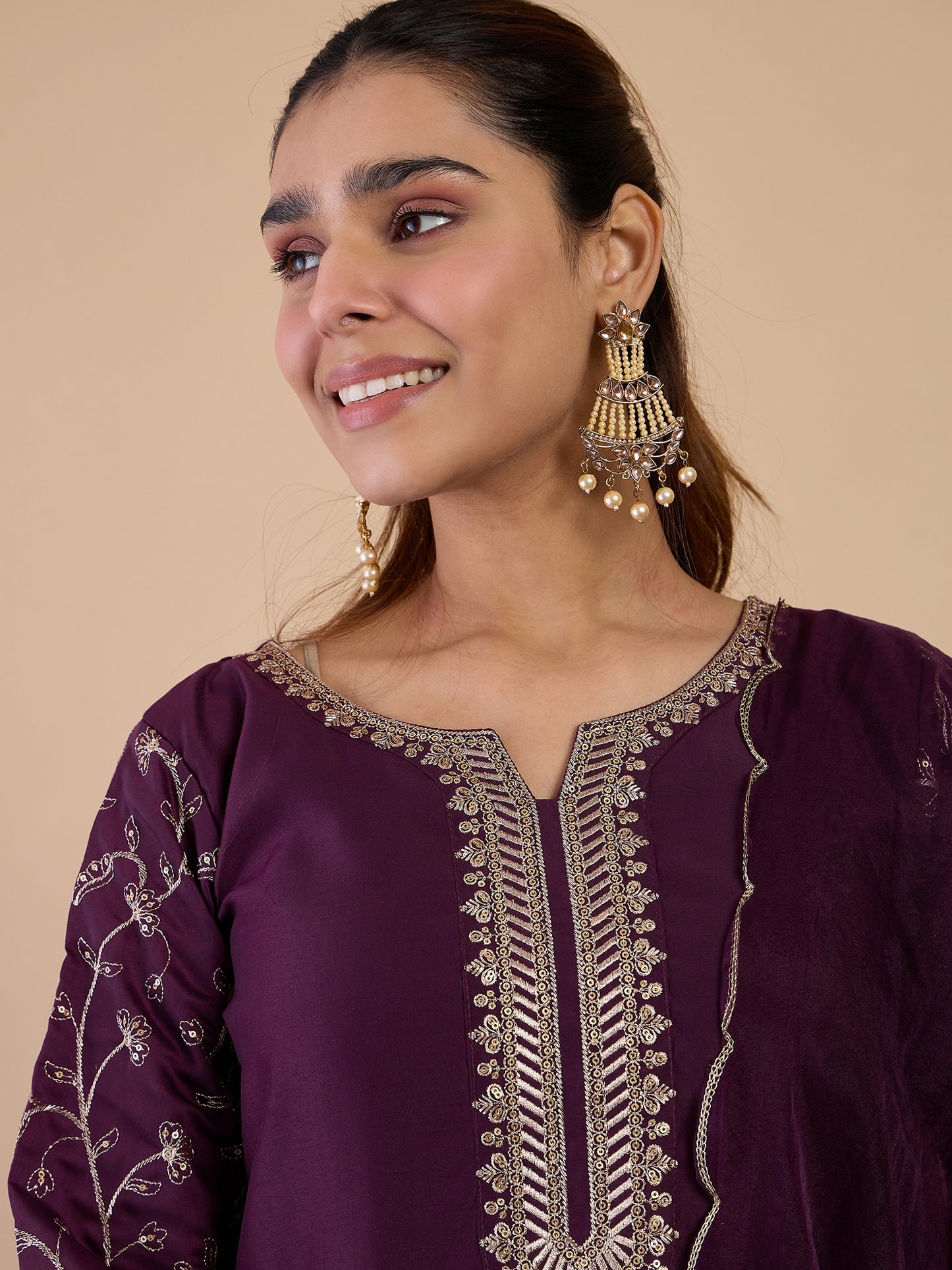 Wine Color Silk Blend Suit Set with Dupatta