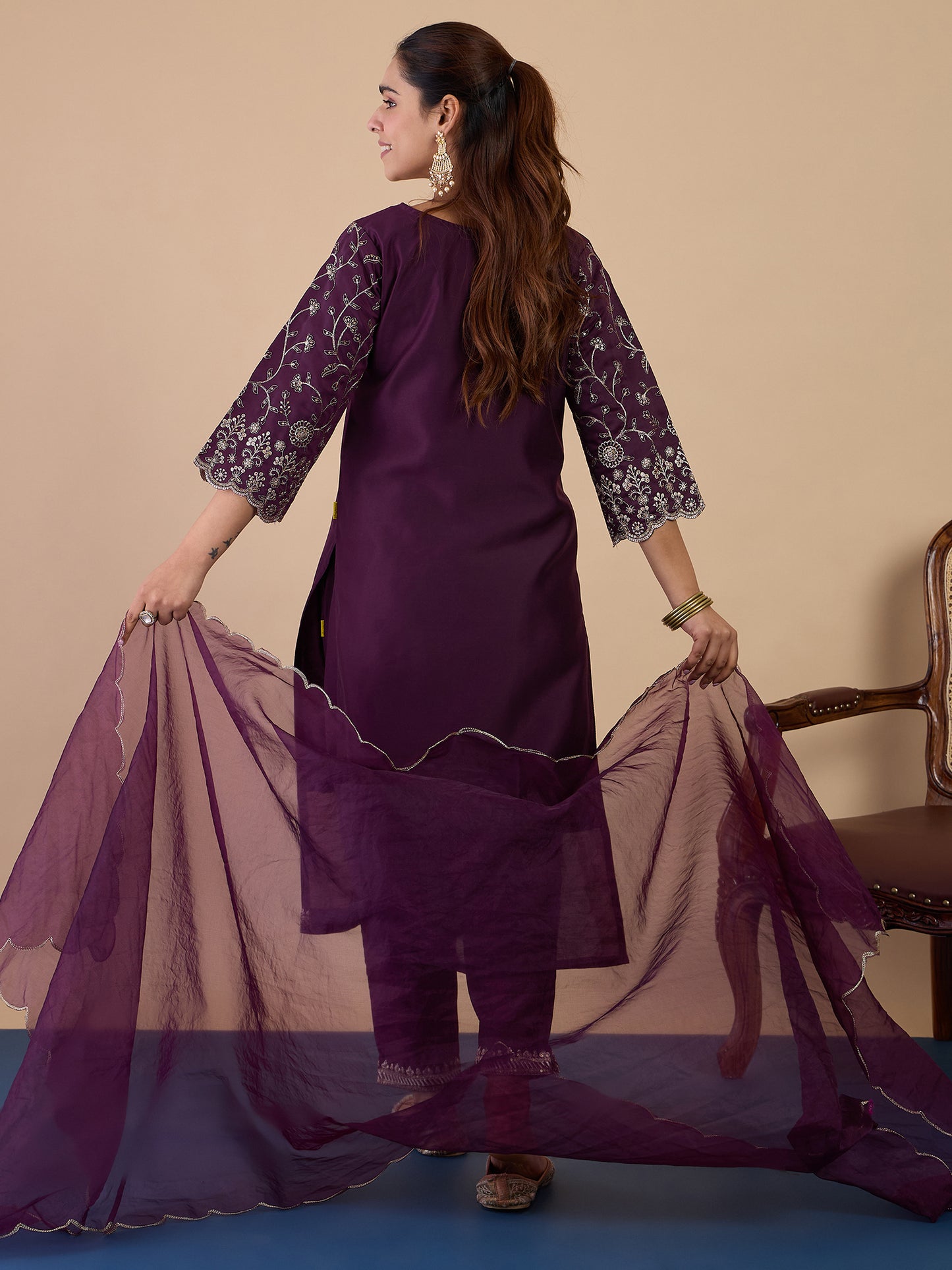 Wine Color Silk Blend Suit Set with Dupatta