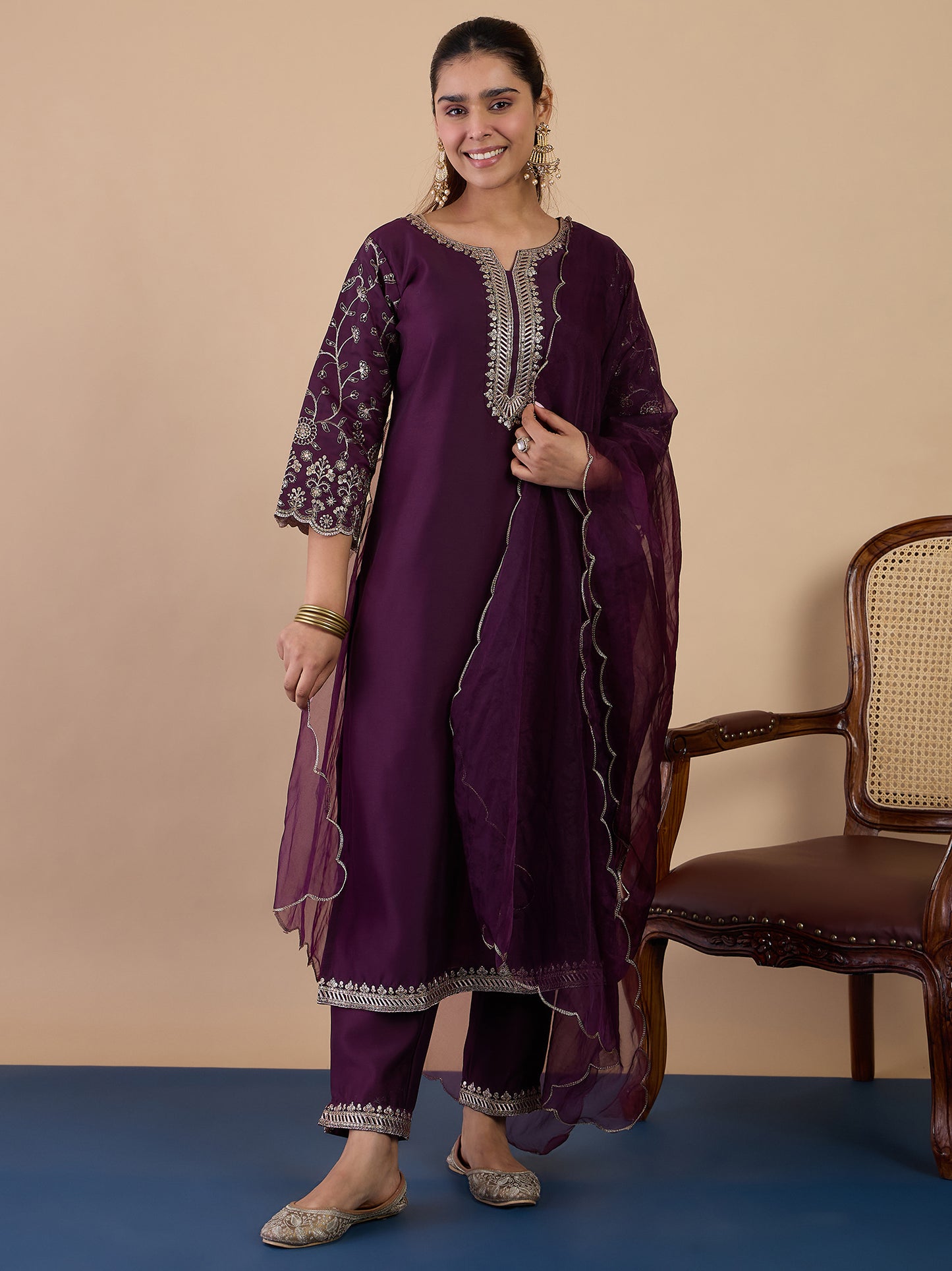 Wine Color Silk Blend Suit Set with Dupatta