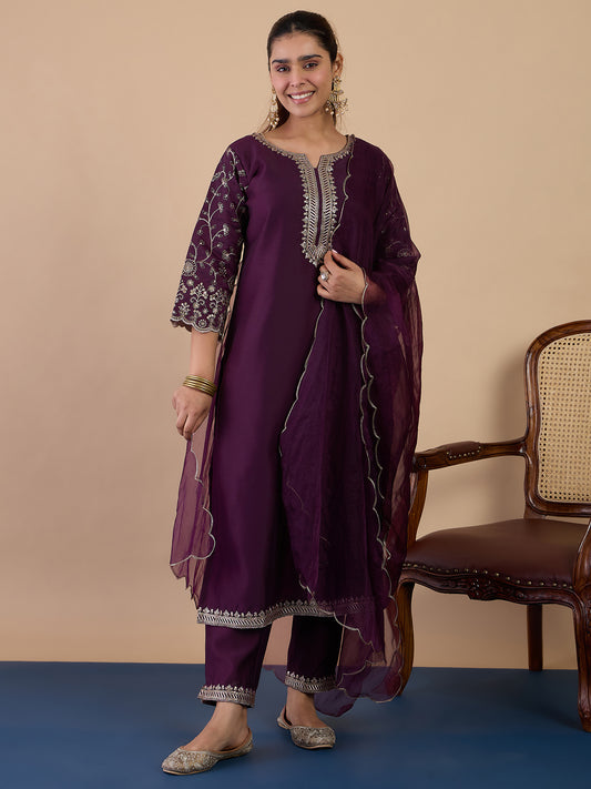 Wine Color Silk Blend Suit Set with Dupatta