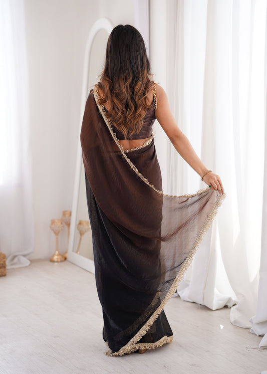 Black Fendi Satin Double Shaded Saree