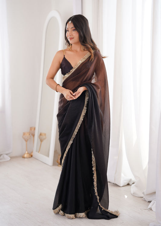 Black Fendi Satin Double Shaded Saree