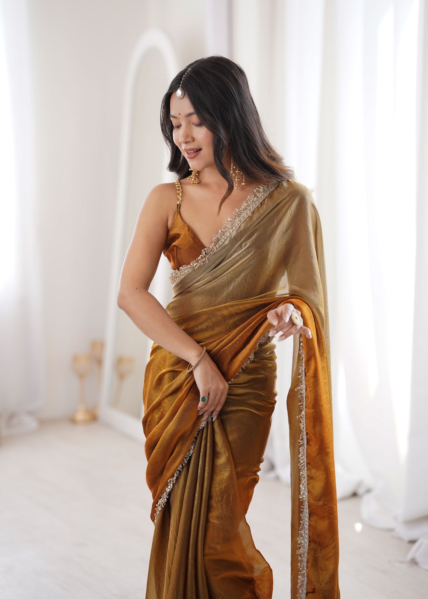 Golden Fendi Satin Double Shaded Saree