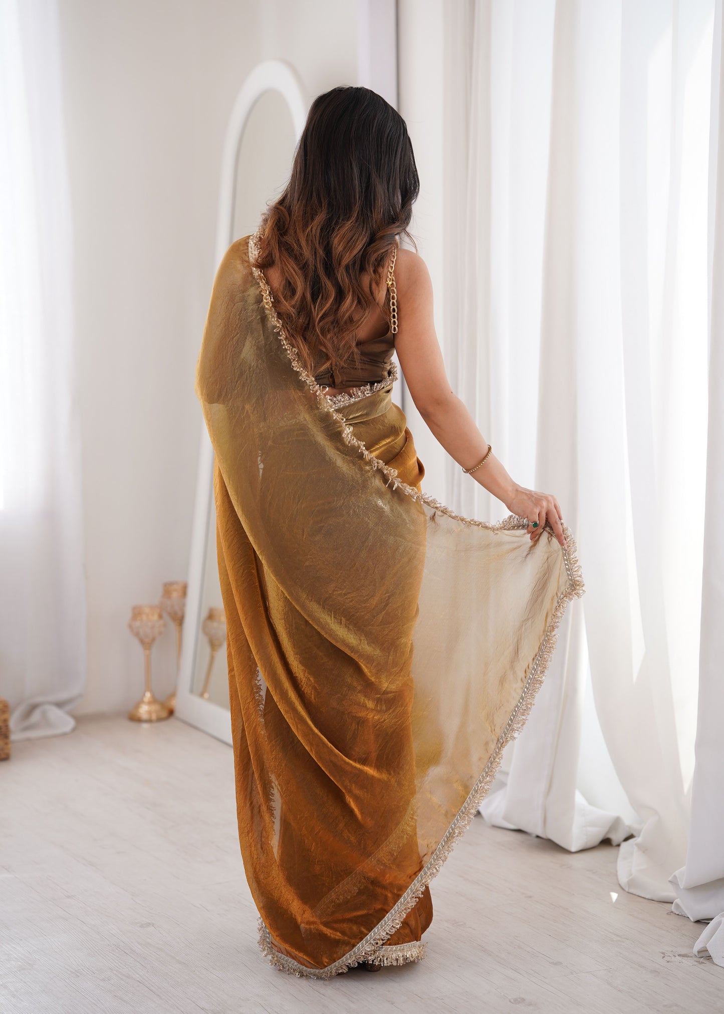 Golden Fendi Satin Double Shaded Saree
