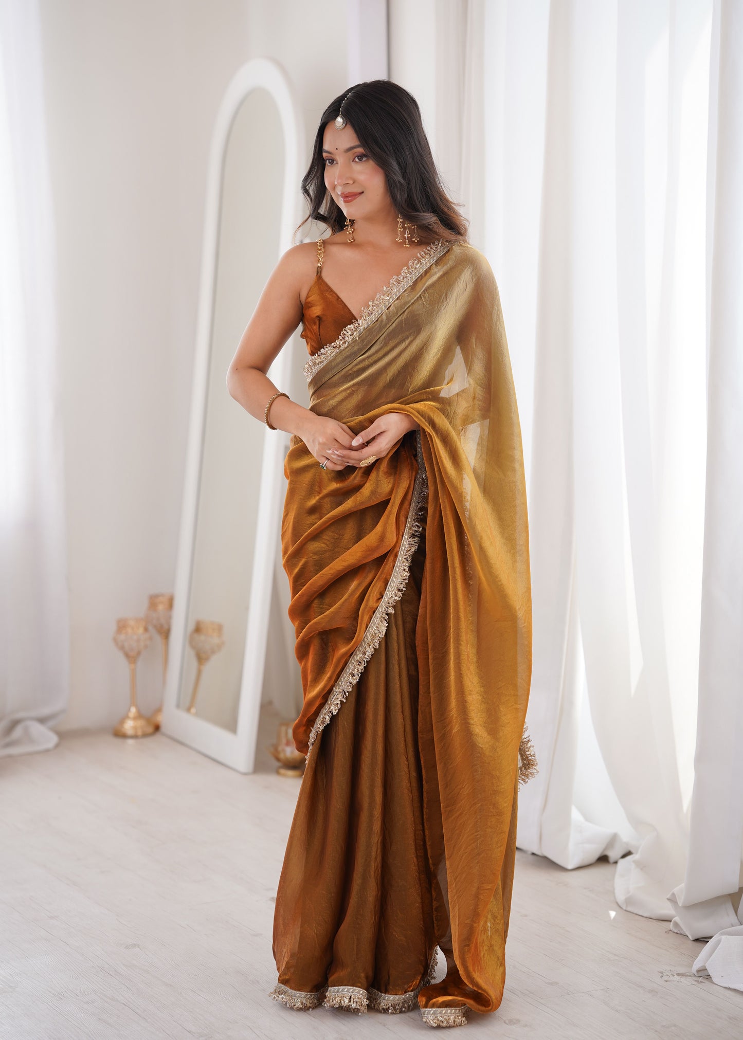 Golden Fendi Satin Double Shaded Saree