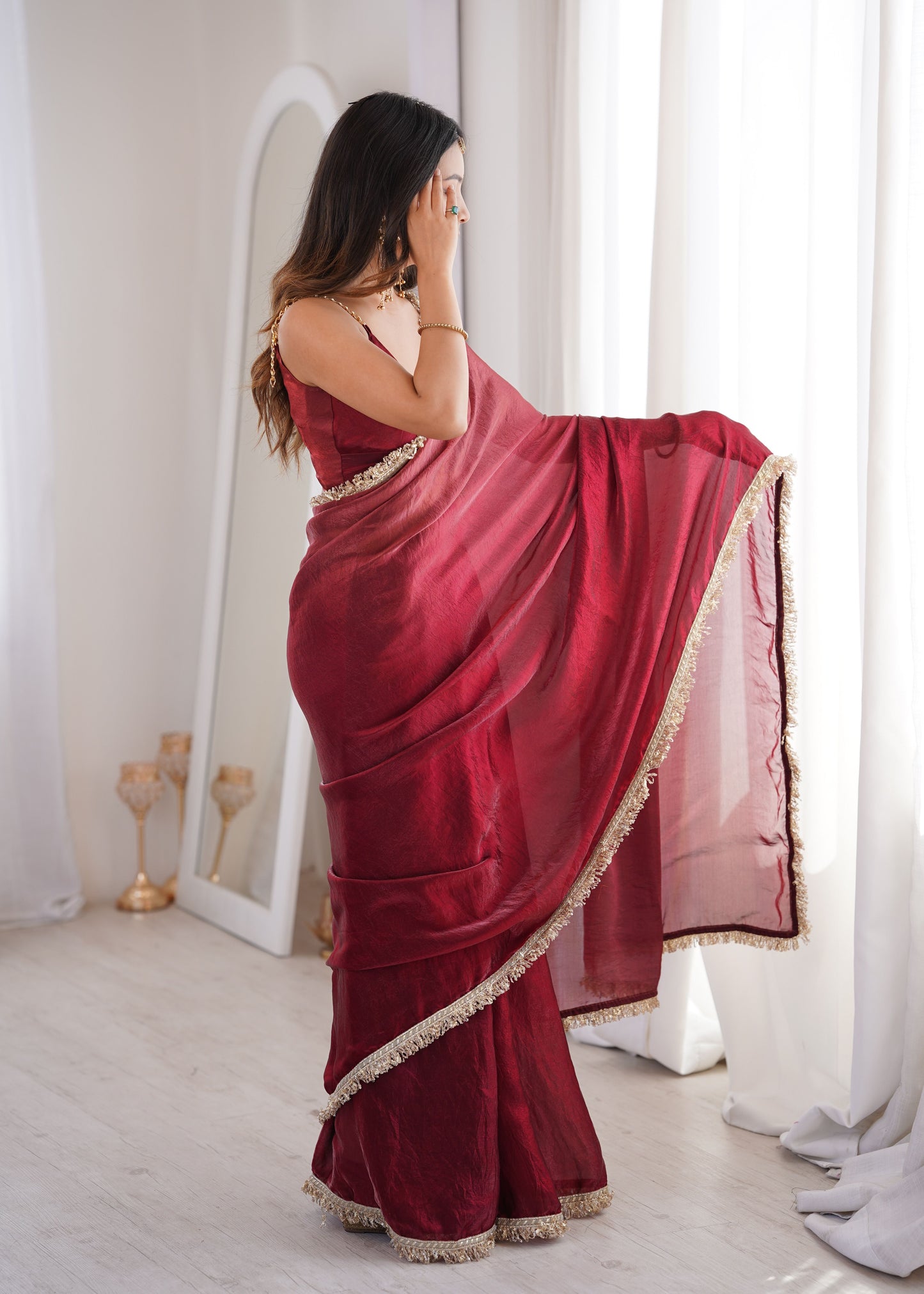 Maroon Fendi Satin Double Shaded Saree