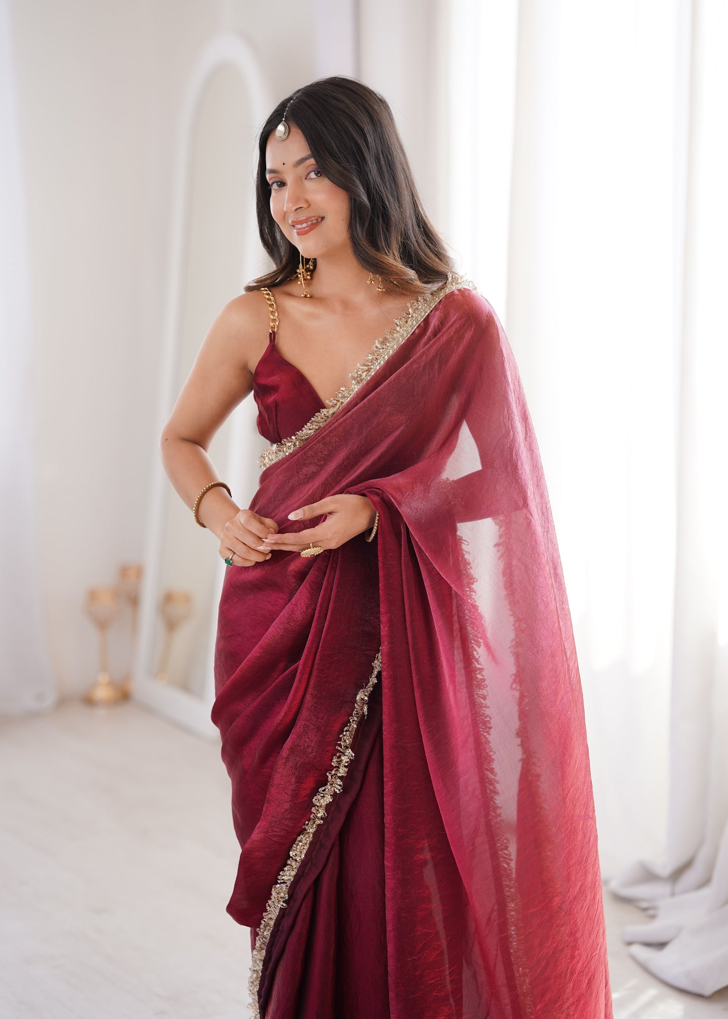 Maroon Fendi Satin Double Shaded Saree
