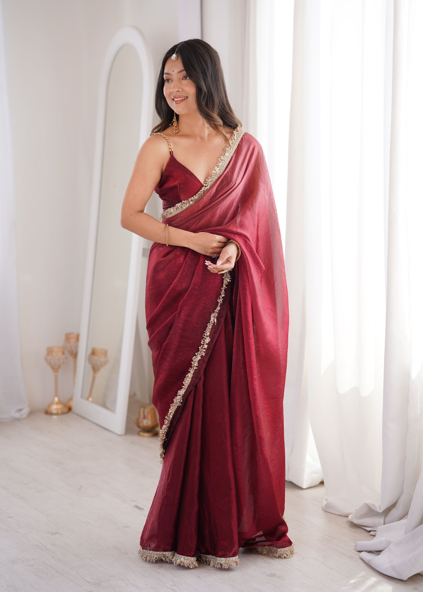 Maroon Fendi Satin Double Shaded Saree