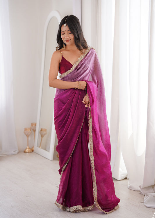 Wine Fendi Satin Double Shaded Saree