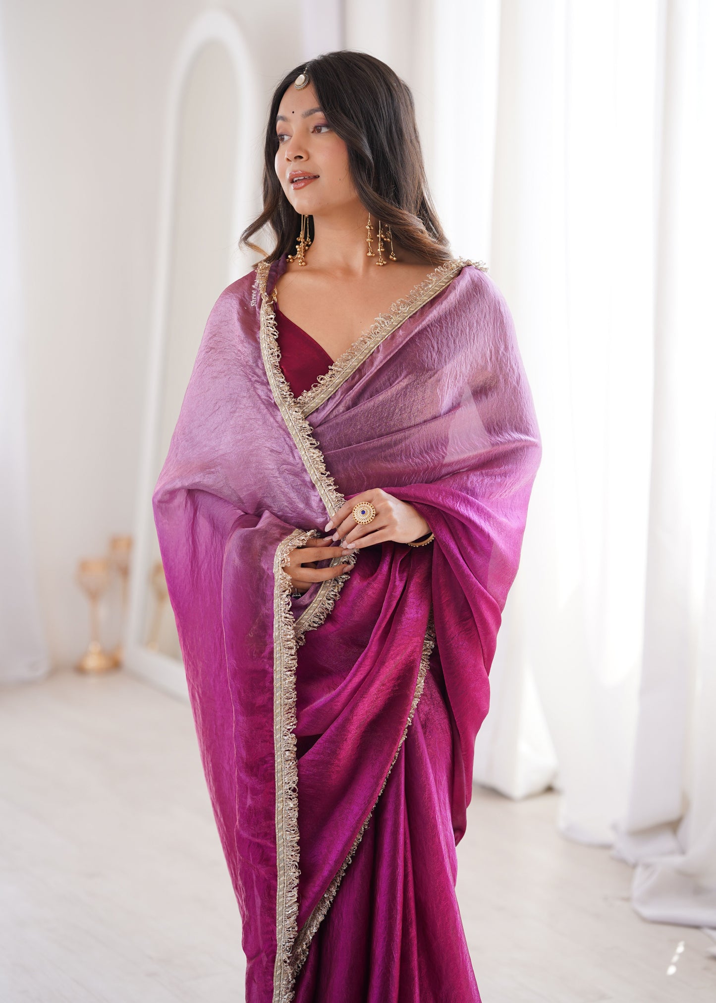 Wine Fendi Satin Double Shaded Saree